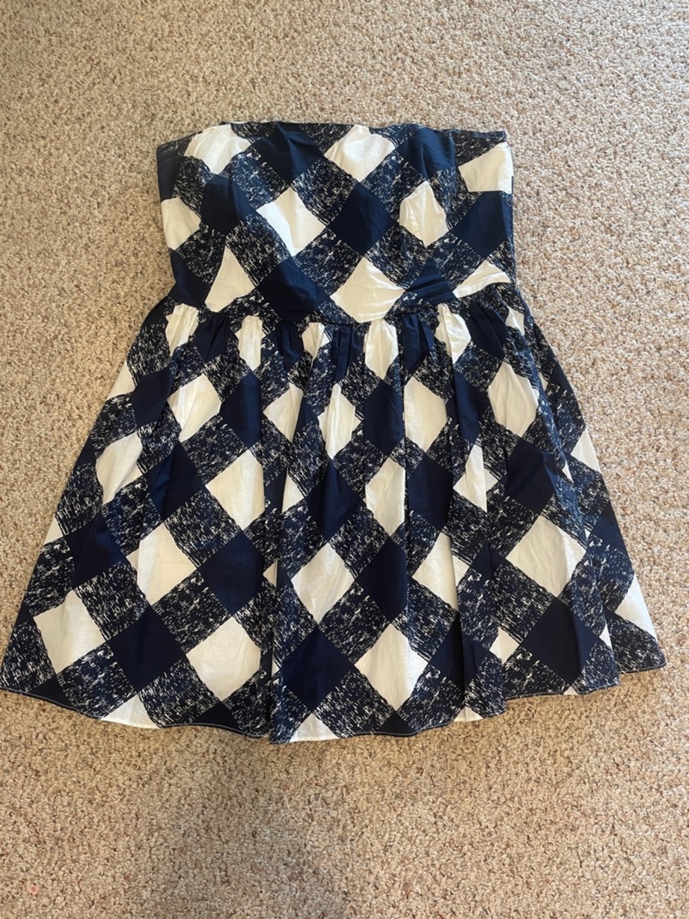 Boden Strapless Navy and White Check Print Dress